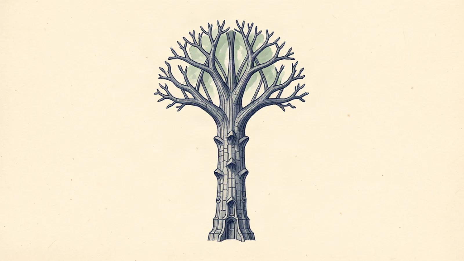 Ink drawing of a cathedral column branching like a sequoia